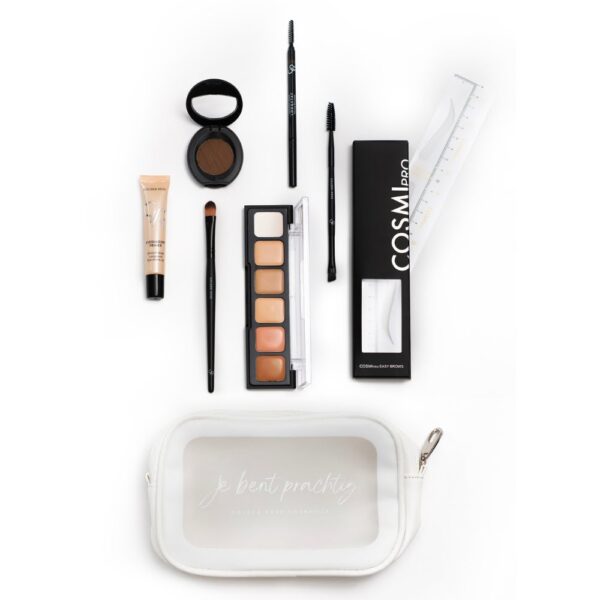 Complete Brow & Conceal Kit Uitgelicht met Easy Brows stickers, wenkbrauwpotlood, wenkbrauwpoeder, primer, concealer pallette en toebehoren make-up penselen.